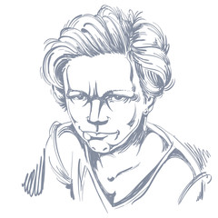 Vector art drawing, portrait of angry girl isolated on white. 