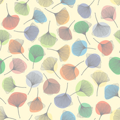 Seamless pattern with ginkgo leaves. Colorful spots. Autumn text