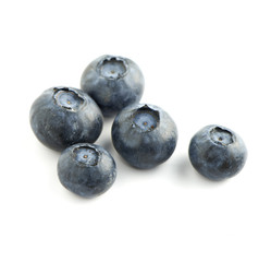 Blueberries photographed in a group of five on a white backgroun