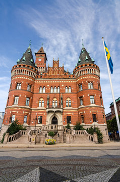 Town hall in Helsingborg with Swedish flag