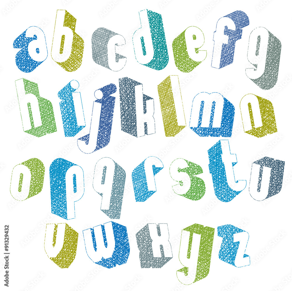 Fototapete retro style 3d font with hand drawn lines texture, lowercase set