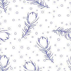 Vector seamless pattern. Vintage white background with abstract peacock feathers and dots. Light backdrop. Hand-drawn texture.