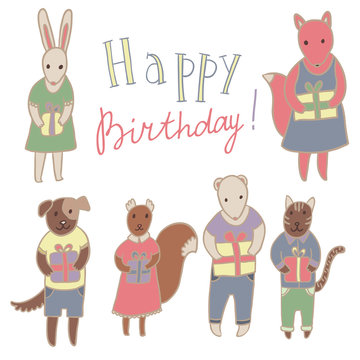 Adorable animals with presents. Birthday party vector set.