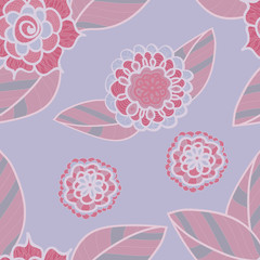 Vector soft purple seamless pattern with doodle pink flowers. Pale lilac floral background.