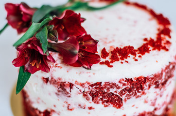 Red cake with flowers