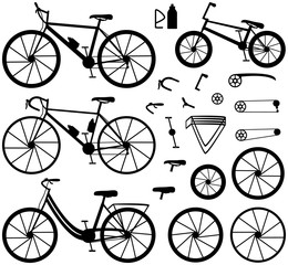Four kinds of bicycles: mountain (or cross-country) bike, road bike, city bike and bmx bike. Bike accessories. Black silhouettes. Vector illustration.