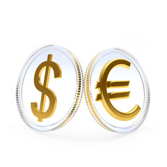 Glassy coins with golden dollar and euro signs isolated on a white background 