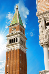 Fototapeta na wymiar Campanile di San Marco - Venezia Italia / Detail of the bell tower of St. Mark and Doge Palace in the city of Venezia (UNESCO world heritage site), Veneto, Italy