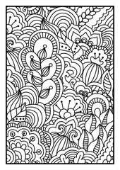 Pattern for coloring book. Black and white background with floral, ethnic, hand drawn elements for design.