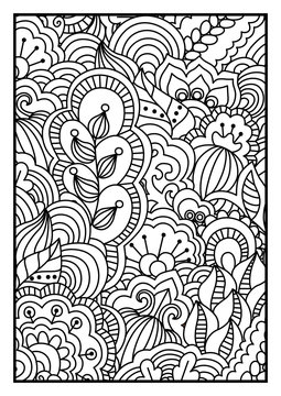 Pattern for coloring book. Black and white background with floral, ethnic, hand drawn elements for design.