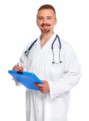 Young medical doctor with clipboard.