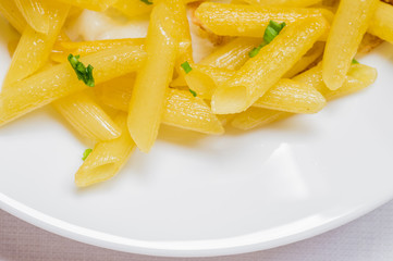 Fried penne pasta on a white plate