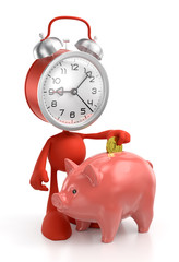 Savings Scheduler. Cartoon alarm clock placing abstract coin into money bank. 3D rendered graphics on white background.