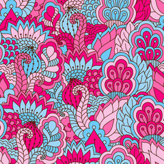 Fototapeta na wymiar Hand drawn seamless pattern with floral elements. Colorful background. Pattern can be used for fabric, wallpaper or wrapping. 