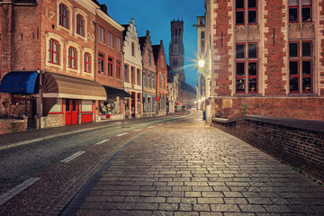 Bruges historical center street at night