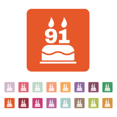 The birthday cake with candles in the form of number 91 icon. Birthday symbol. Flat