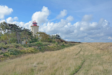 Fototapeta na wymiar der Leuchtturm von Westermarkelsdorf auf der Insel Fehmarn,Ostsee,Schleswig-Holstein,Deutschland