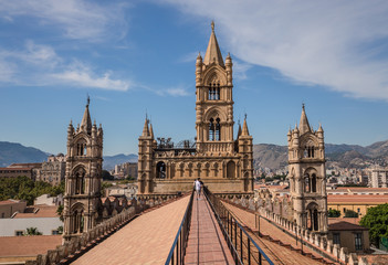 Fototapeta premium Palermo City in Sicily, Italy. Cathedral on a hot september day. Sacral Medieval Architecture