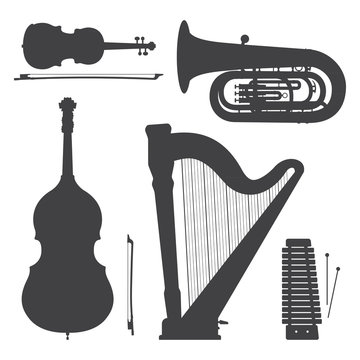 monochrome music instruments silhouettes illustration collection