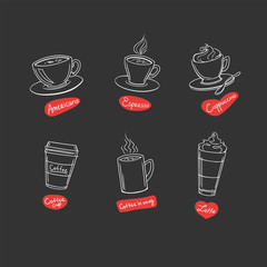 Simple doodle coffee design with labels. Vector illustration.
