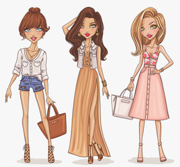 Beautiful and stylish fashion girl set. Hand drawn girls in spring-summer outfits. Vector illustration.
- 91341028