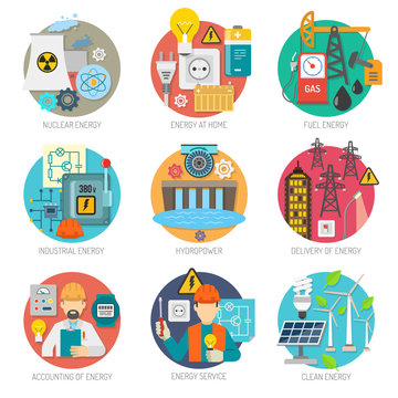 Energy flat icons composition set