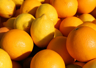 ripe Orange and yellow Sicilian lemons for sale in greengrocers