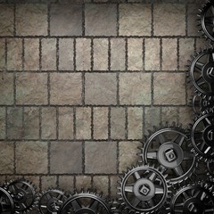 stone wall background with metal gears