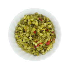 Deli style sweet relish in a small bowl