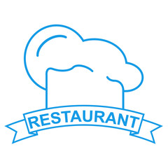 Icono plano texto RESTAURANT azul con gorro cocinero