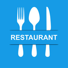 Icono plano texto RESTAURANT con sombra fondo azul