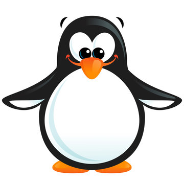 Happy cute cartoon smiling black white penguin with orange beak