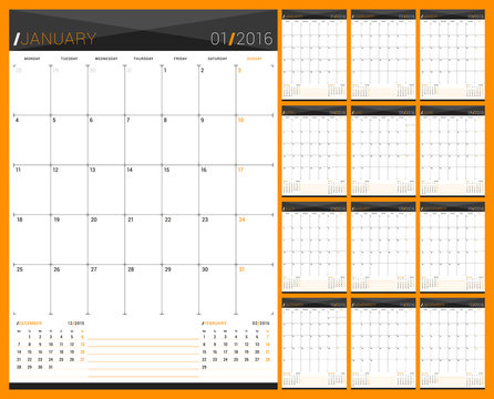 Monthly Calendar Planner for 2016 Year. Set of 12 Months. Week Starts Monday. Vector Design Print Template.