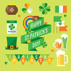 Happy St. Patricks Day vector illustration icon set. Traditional irish symbols in modern flat style.