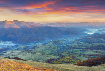 Colorful autumn sunset in the Carpathian mountains