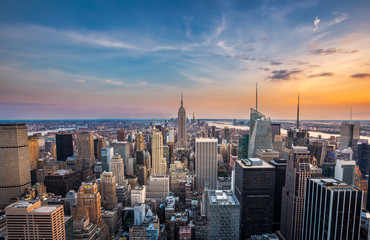 New York City midtown skyline at sunset.