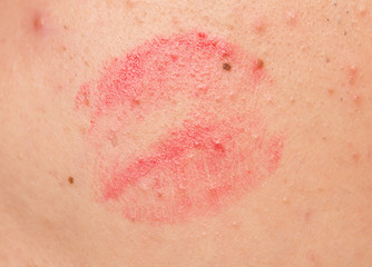 lip imprint on the skin. close