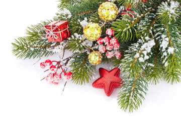 Christmas fir tree branch with holly berry and decor