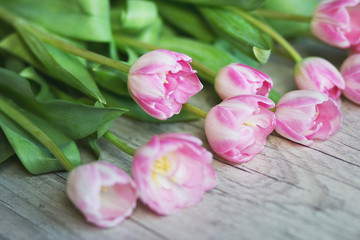 Obraz premium Tulips on a wooden background
