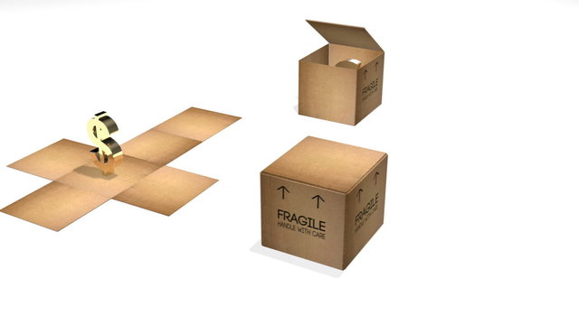 3 cardboard boxes with "Fragile Handle with Care" open to become flat and reveal a golden currency symbol. Euro, Dollar and Yen or Yuan symbols.