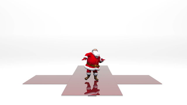 A red Christmas present box unfurls to reveal Santa character dancing, he dances, then stops and waves to camera.