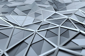 Abstract 3D Rendering of Low Poly Chrome Surface.