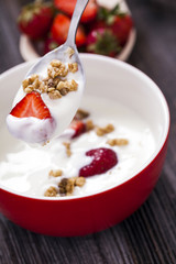 Excellent breakfast. Breakfast cereal with yoghurt and strawberr