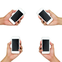 Hand holding White Smartphone isolated on white background