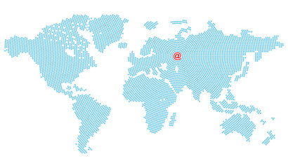 Vector map of the world consisting of blue @ symbol arranged in circles that converge on Europe where the big red symbol