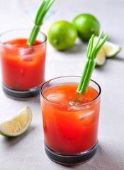 Bloody Mary cocktail with celery, Tabasco, pepper, sea salt and Worcestershire sauce