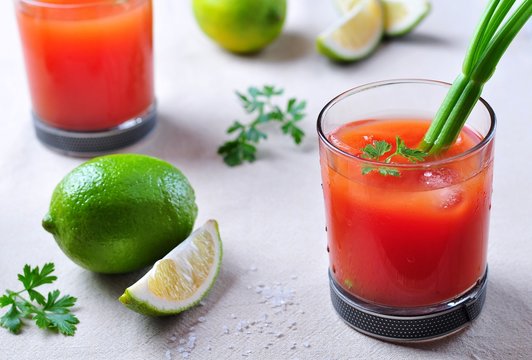 Bloody Mary cocktail with celery, Tabasco, pepper, sea salt and Worcestershire sauce
