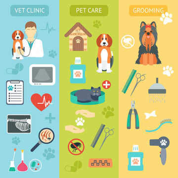 Set of vertical banners. Pet care. Vet clinic. Grooming. Flat design. Vector