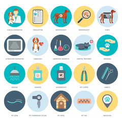 Set of veterinary and grooming icons with names. Colorful flat design. Vector