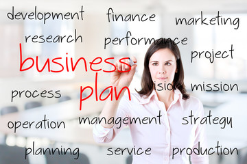 Young business woman writing business plan concept. Office background.